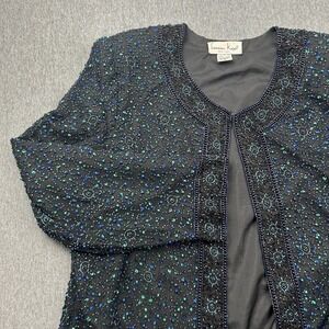 Laurence Kazar Jacket Black Silk Blue Beaded Sequin Top Women's 2X Holiday Party
